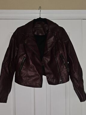 Aeropostale Women's Dark Burgundy Faux Leather Moto Jacket